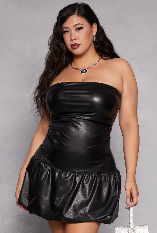 Plus Size Almost Famous Faux Leather Bubble Hem Mini Dress