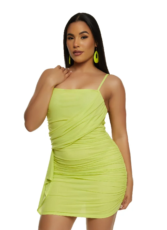 Ruched Mesh Mini Dress