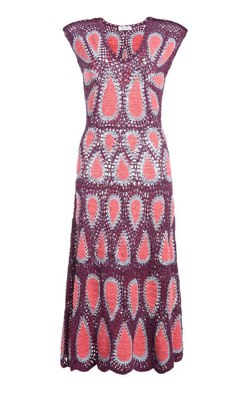 Waldman Crochet Maxi Dress in Italian Plum Wool Cashmere