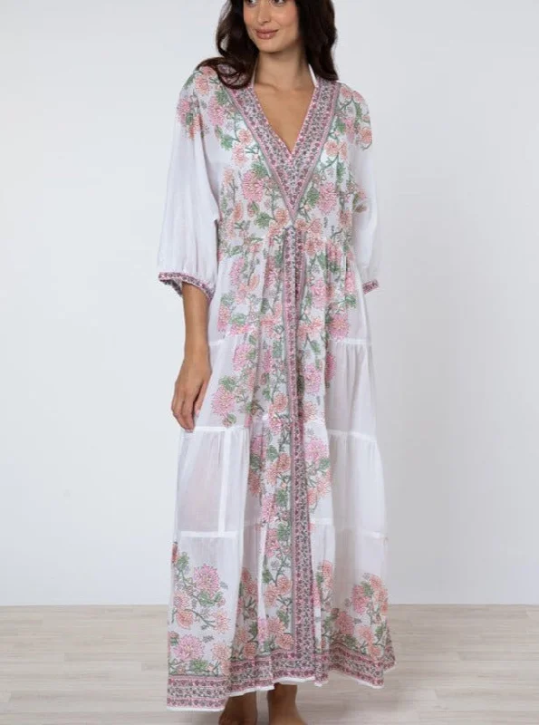 White / Candy / Peach Maxi Dress w/ Rose Border Print